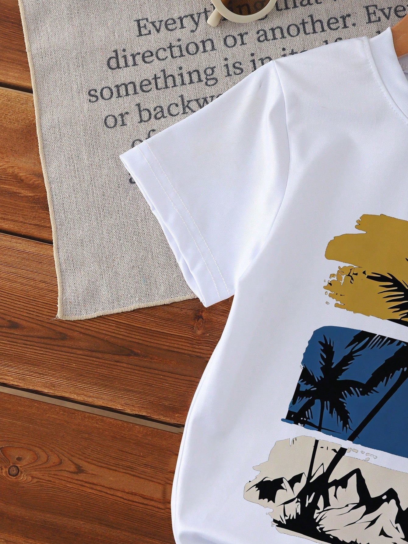 Souflis Souflis 1 Set Toddler Boys' Summer Coconut Tree & Letter Print Short Sleeve Outfit, Suitable For Beach Vacation/Casual Play, Ideal For Outings, Spring/Summer