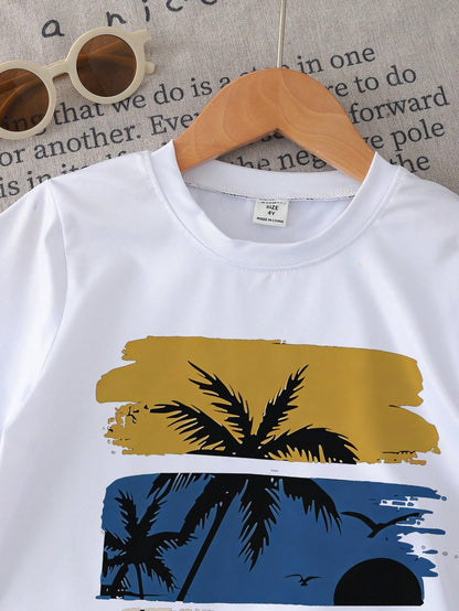 Souflis Souflis 1 Set Toddler Boys' Summer Coconut Tree & Letter Print Short Sleeve Outfit, Suitable For Beach Vacation/Casual Play, Ideal For Outings, Spring/Summer