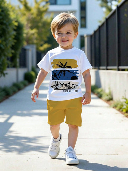 Souflis Souflis 1 Set Toddler Boys' Summer Coconut Tree & Letter Print Short Sleeve Outfit, Suitable For Beach Vacation/Casual Play, Ideal For Outings, Spring/Summer