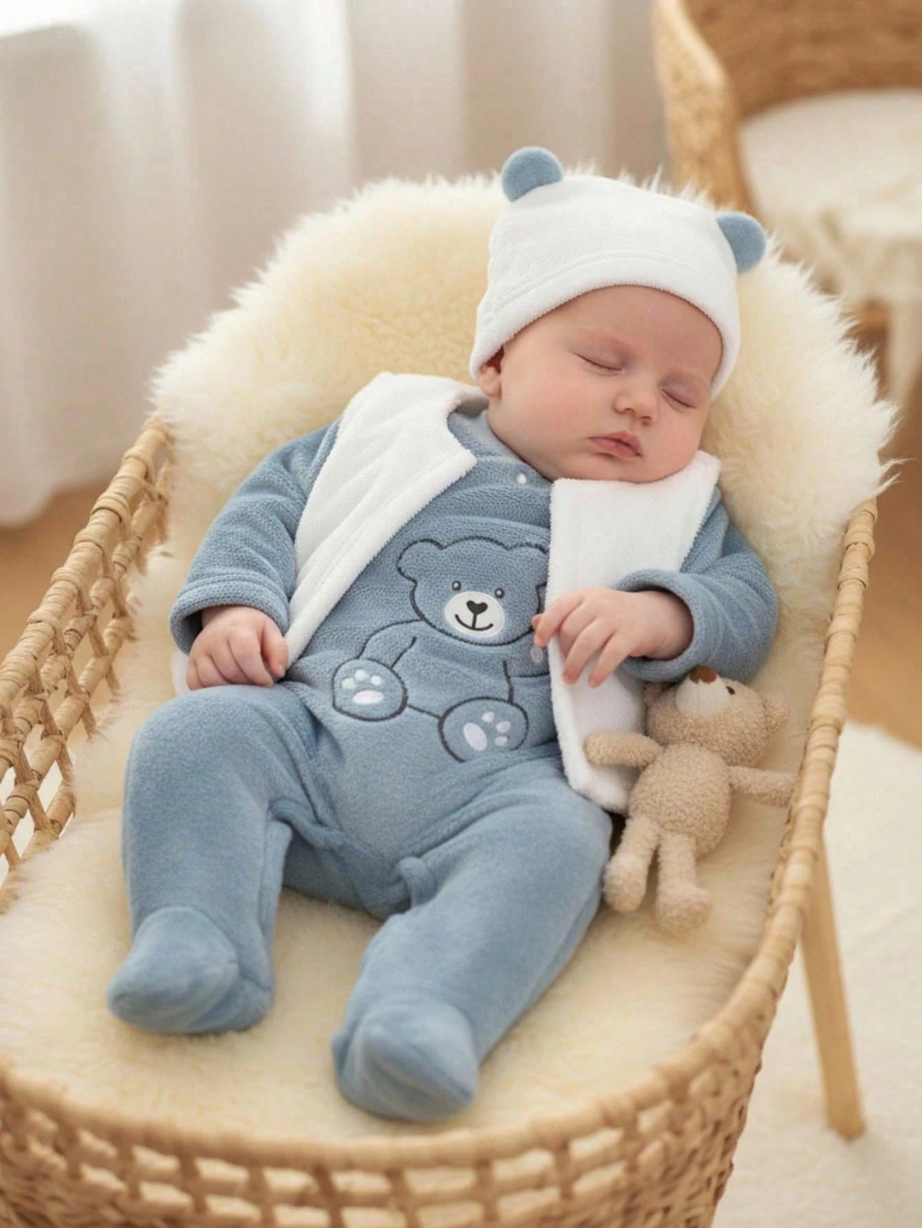 Souflis Souflis 3pcs Baby Boy Cute Winter Clothes Set,Aqua Blue Hooded Jumpsuit With White Vest,Bear Embroidery Soft Fleece Pajamas,Family Matching Home Newborn Set