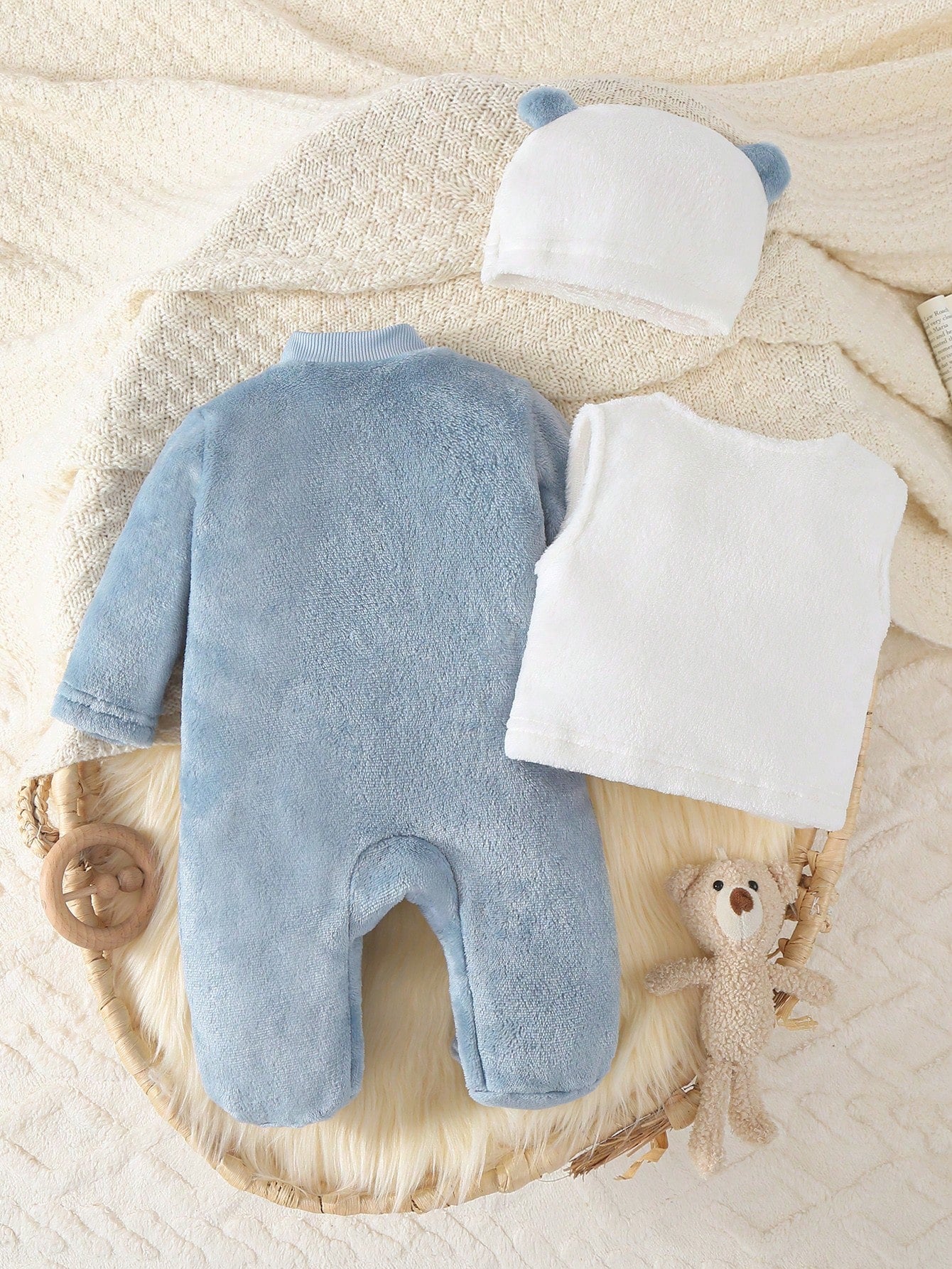 Souflis Souflis 3pcs Baby Boy Cute Winter Clothes Set,Aqua Blue Hooded Jumpsuit With White Vest,Bear Embroidery Soft Fleece Pajamas,Family Matching Home Newborn Set
