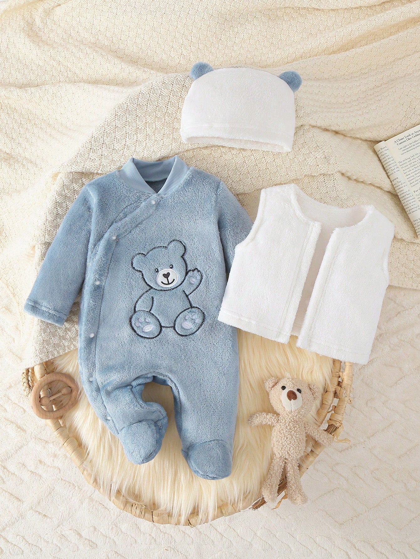 Souflis Souflis 3pcs Baby Boy Cute Winter Clothes Set,Aqua Blue Hooded Jumpsuit With White Vest,Bear Embroidery Soft Fleece Pajamas,Family Matching Home Newborn Set
