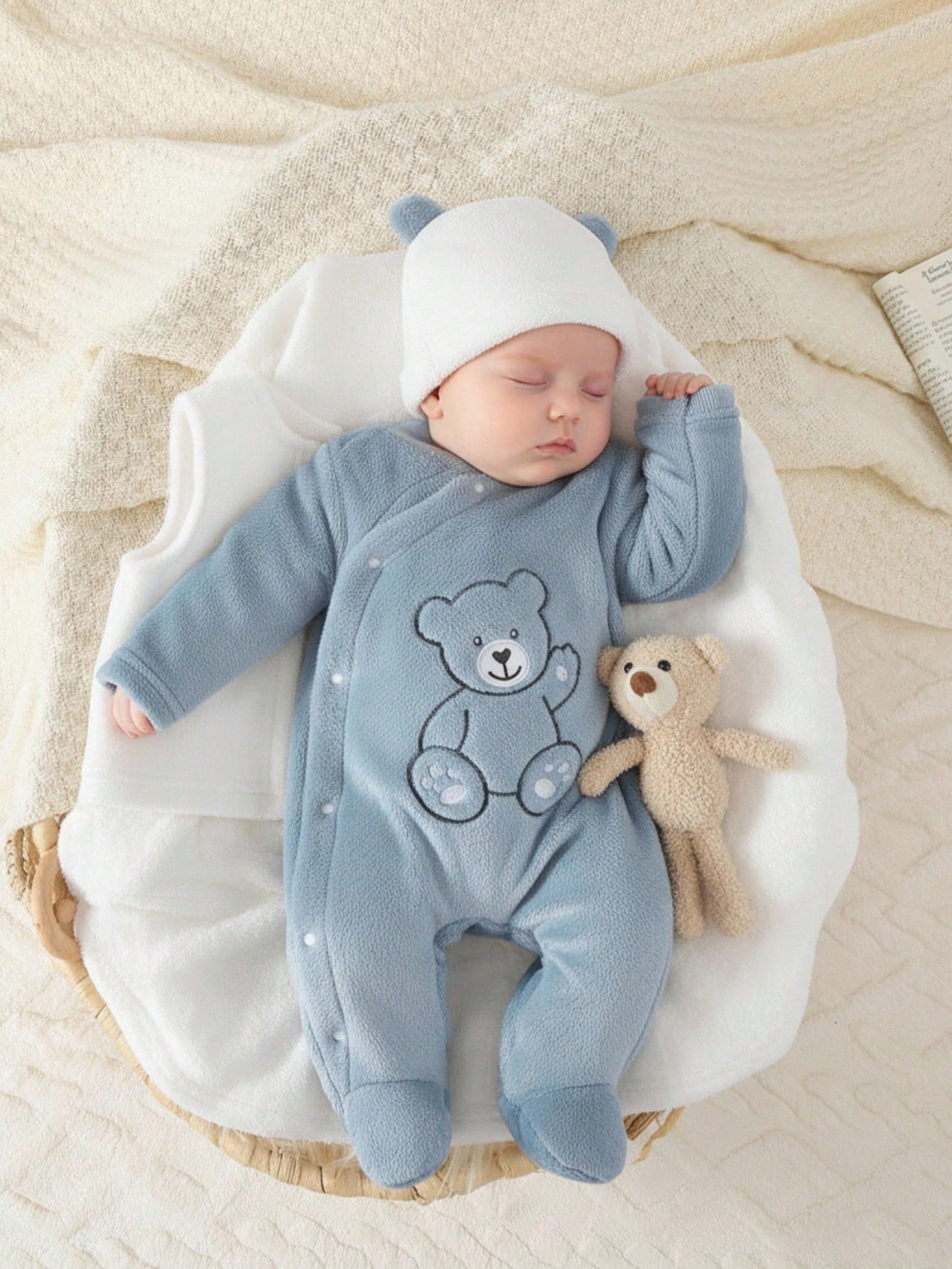 Souflis Souflis 3pcs Baby Boy Cute Winter Clothes Set,Aqua Blue Hooded Jumpsuit With White Vest,Bear Embroidery Soft Fleece Pajamas,Family Matching Home Newborn Set
