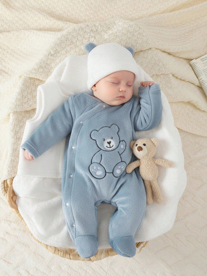 Souflis Souflis 3pcs Baby Boy Cute Winter Clothes Set,Aqua Blue Hooded Jumpsuit With White Vest,Bear Embroidery Soft Fleece Pajamas,Family Matching Home Newborn Set