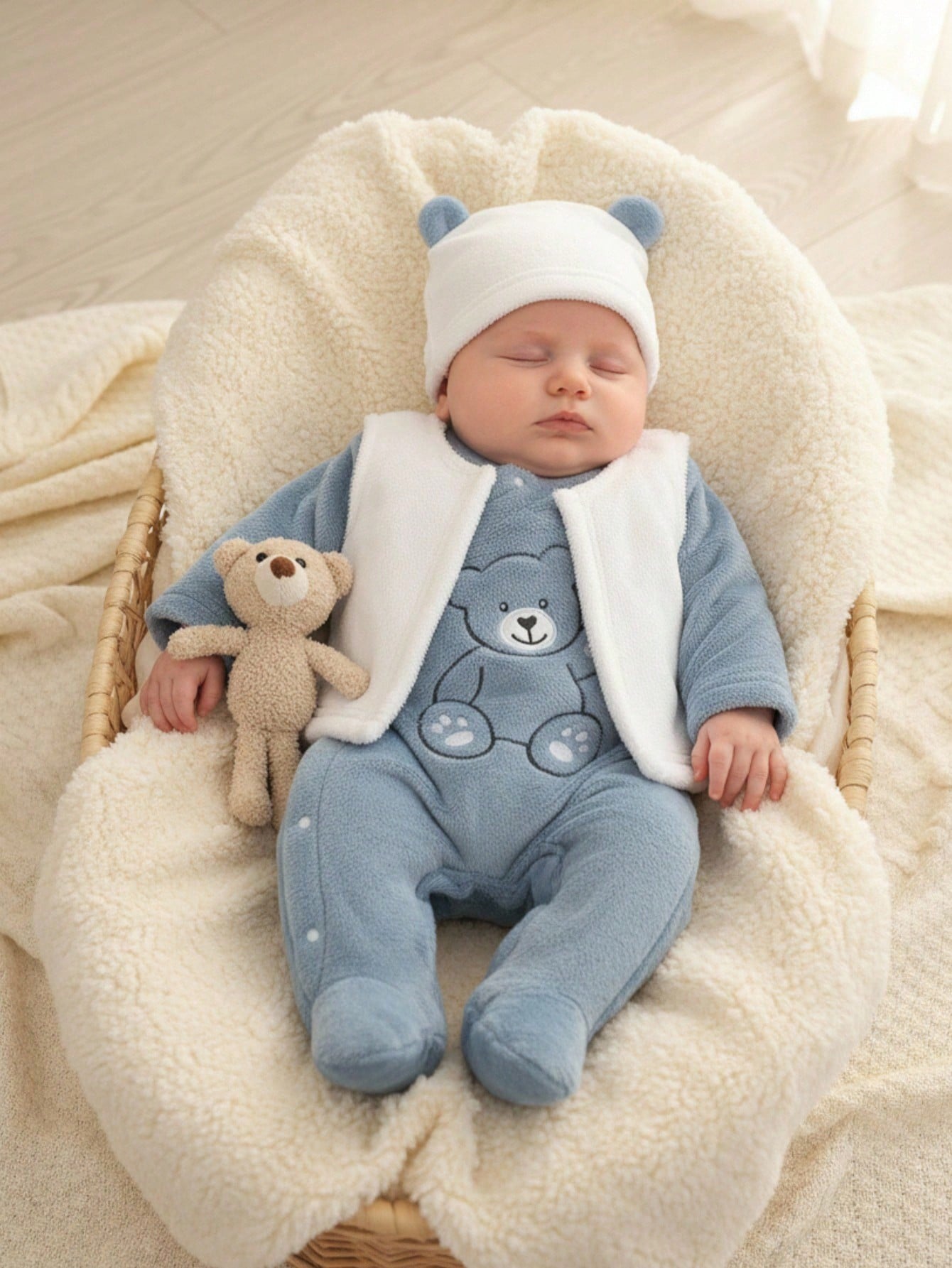 Souflis Souflis 3pcs Baby Boy Cute Winter Clothes Set,Aqua Blue Hooded Jumpsuit With White Vest,Bear Embroidery Soft Fleece Pajamas,Family Matching Home Newborn Set