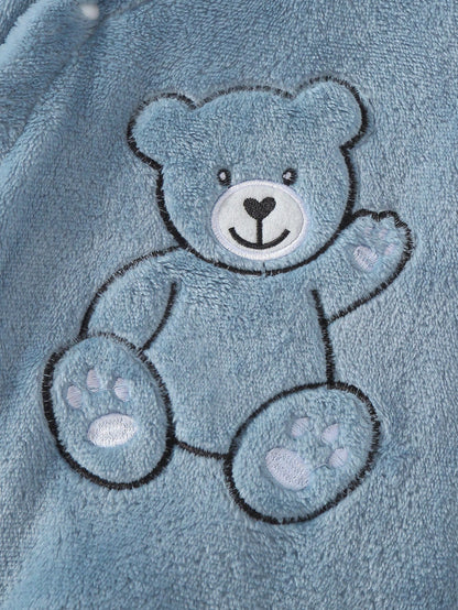 Souflis Souflis 3pcs Baby Boy Cute Winter Clothes Set,Aqua Blue Hooded Jumpsuit With White Vest,Bear Embroidery Soft Fleece Pajamas,Family Matching Home Newborn Set