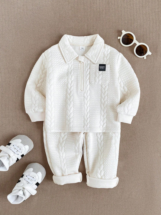 Souflis Souflis Baby Boy Collared Half-Zip Long Sleeve Top With Matching Textured Straight Leg Pants, Pocket With Black Small Fabric Label. Solid Color Minimalist Clean Design, Rich And Soft Texture
