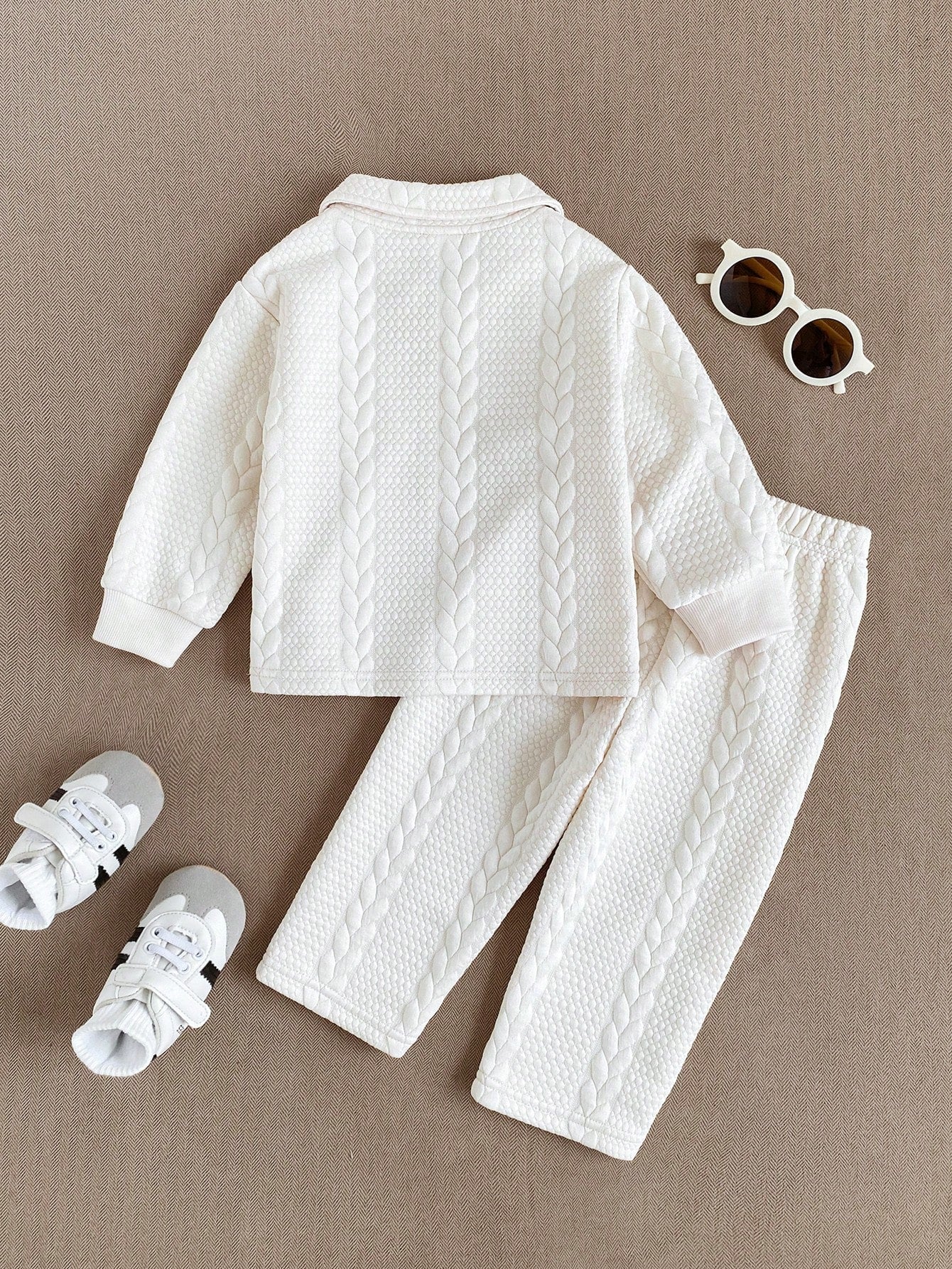 Souflis Souflis Baby Boy Collared Half-Zip Long Sleeve Top With Matching Textured Straight Leg Pants, Pocket With Black Small Fabric Label. Solid Color Minimalist Clean Design, Rich And Soft Texture