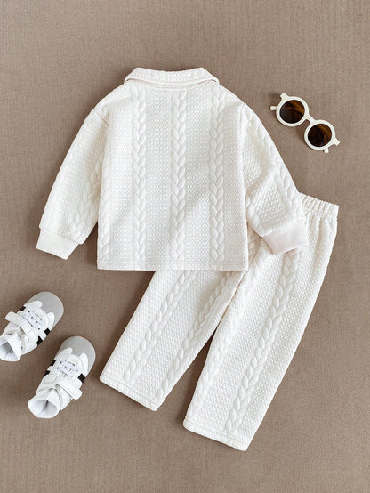 Souflis Souflis Baby Boy Collared Half-Zip Long Sleeve Top With Matching Textured Straight Leg Pants, Pocket With Black Small Fabric Label. Solid Color Minimalist Clean Design, Rich And Soft Texture