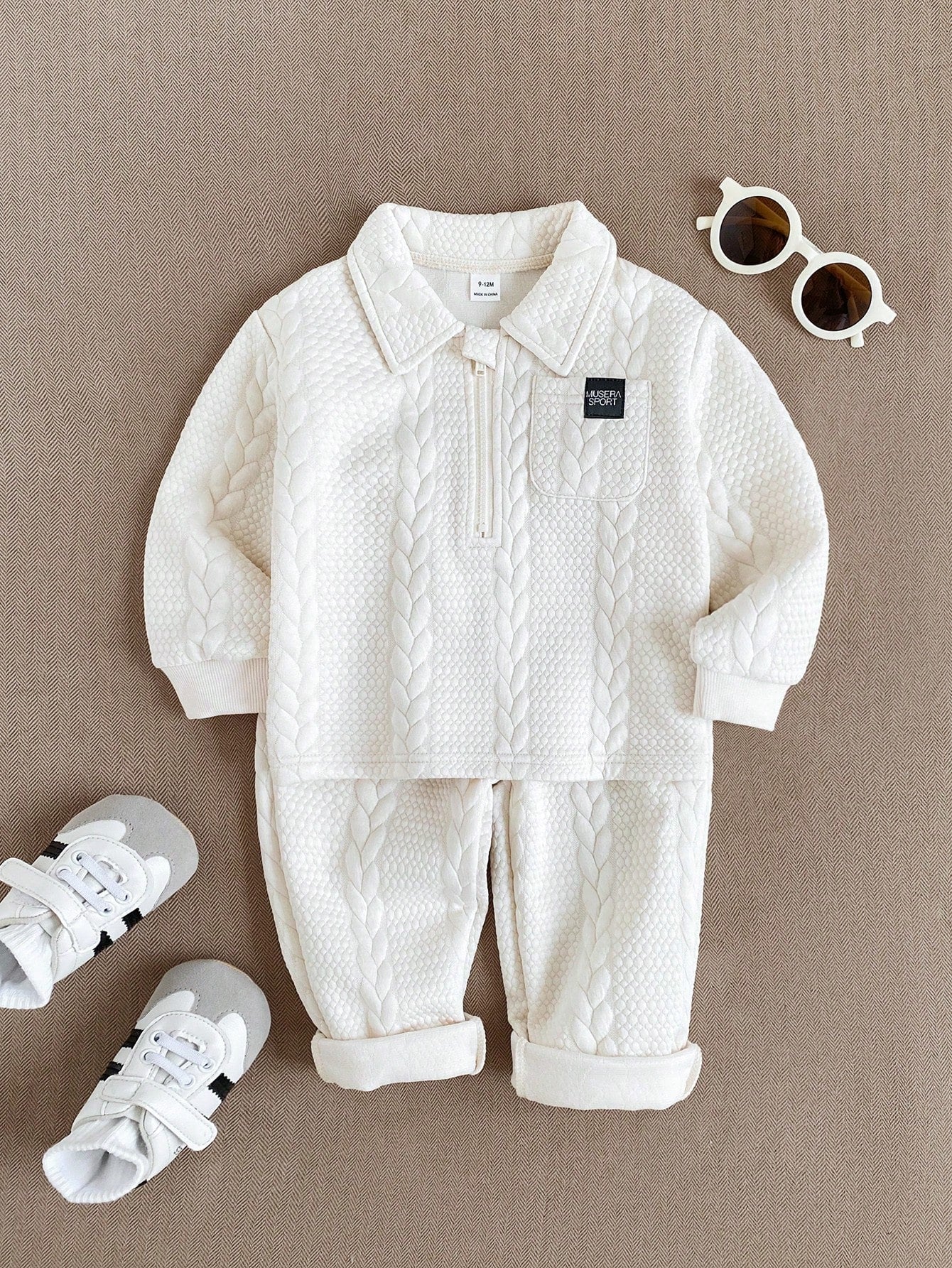 Souflis Souflis Baby Boy Collared Half-Zip Long Sleeve Top With Matching Textured Straight Leg Pants, Pocket With Black Small Fabric Label. Solid Color Minimalist Clean Design, Rich And Soft Texture