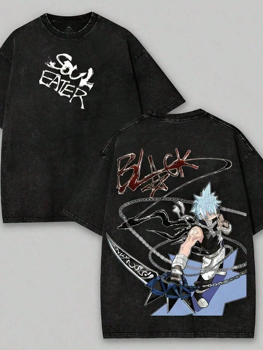 Soul Eater- Black Star Anime Washed T-Shirt, Double-Sided Cotton, Unisex Design, Japanese Manga Merchandise, Men's T-Shirt, Retro Black, Retro Streetwear2026