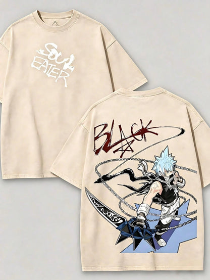 Soul Eater- Black Star Anime Washed T-Shirt, Double-Sided Cotton, Unisex Design, Japanese Manga Merchandise, Men's T-Shirt, Retro Black, Retro Streetwear2026
