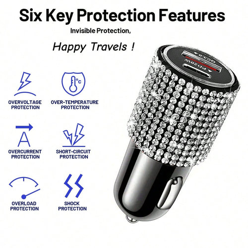 Sparkling Rhinestone Car Charger, Diamond 3-In-1 Retractable Charging Cable, USB Fast Charging Cable, Cute Women's Style, Suitable For IPhone, Dash Cam, GPS, Holiday/Birthday Gift