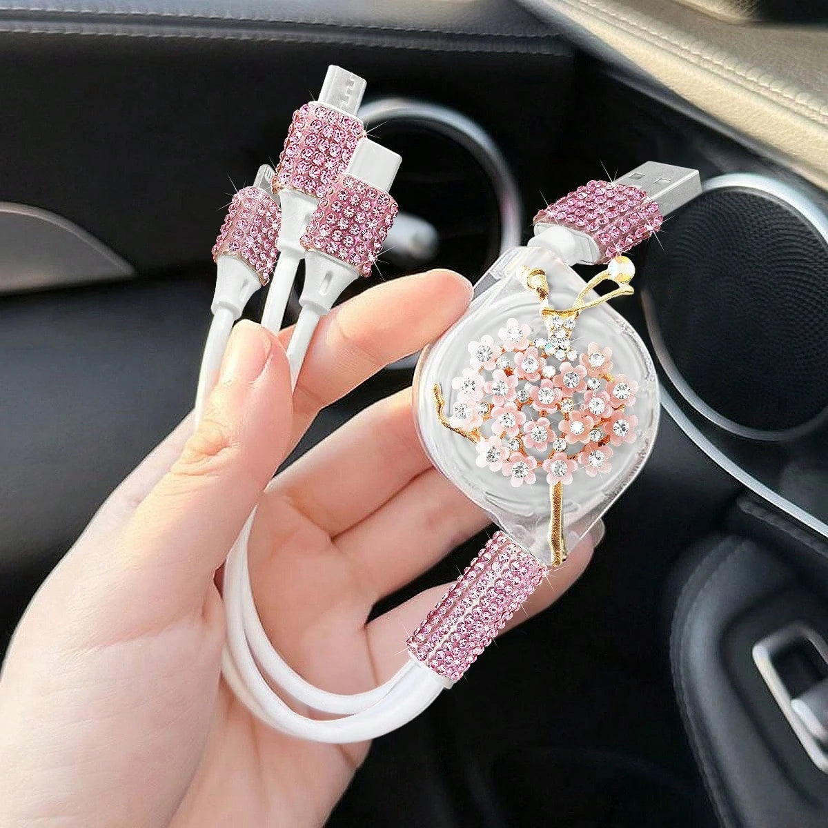 Sparkling Rhinestone Car Charger, Diamond 3-In-1 Retractable Charging Cable, USB Fast Charging Cable, Cute Women's Style, Suitable For IPhone, Dash Cam, GPS, Holiday/Birthday Gift