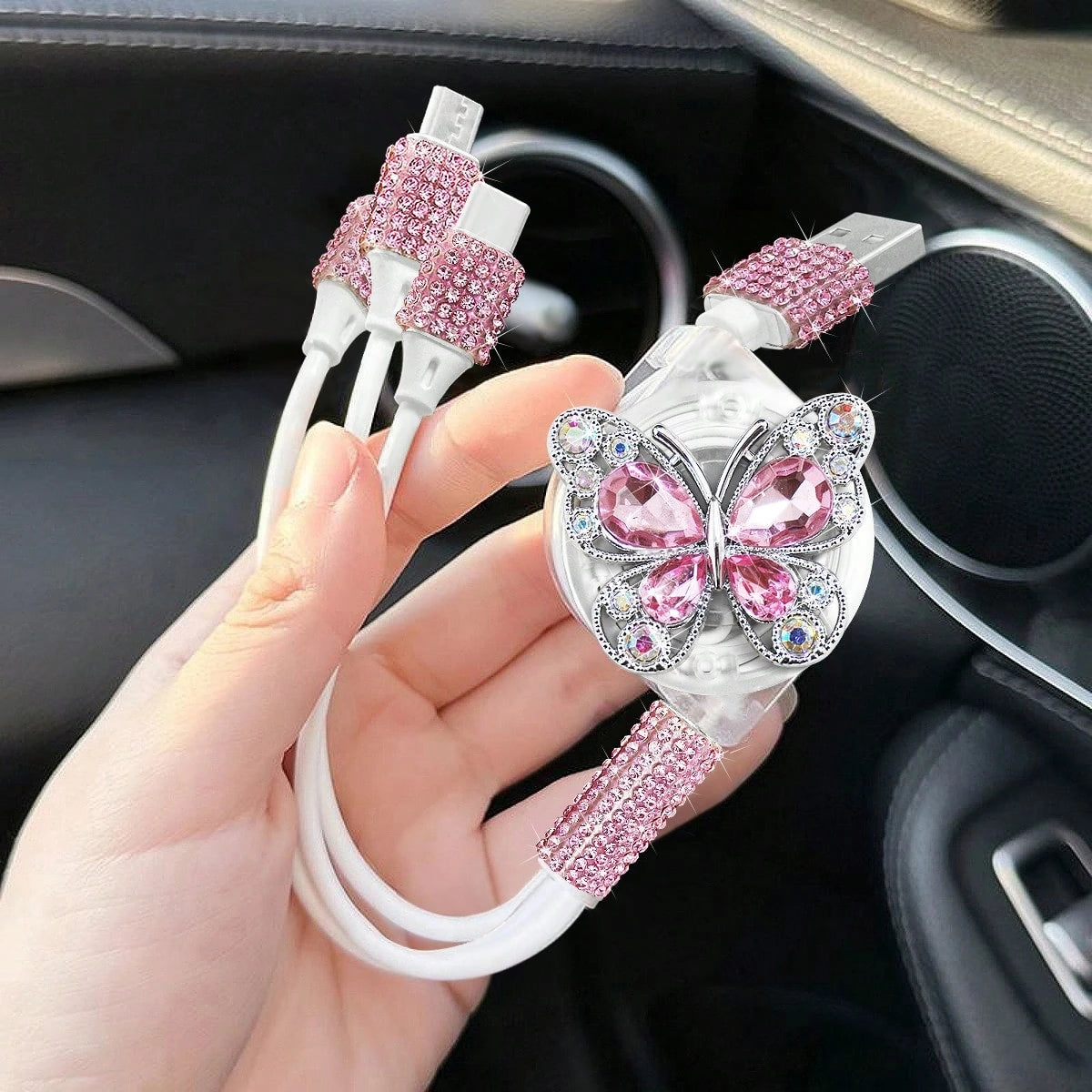 Sparkling Rhinestone Car Charger, Diamond 3-In-1 Retractable Charging Cable, USB Fast Charging Cable, Cute Women's Style, Suitable For IPhone, Dash Cam, GPS, Holiday/Birthday Gift