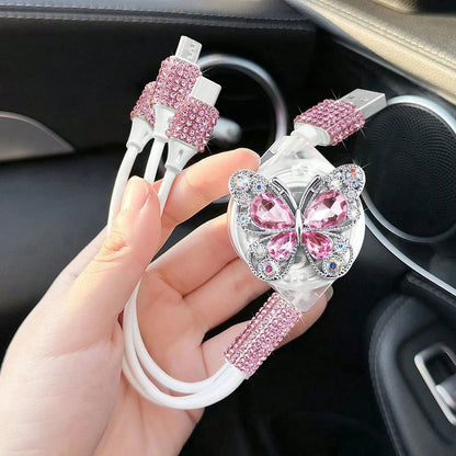 Sparkling Rhinestone Car Charger, Diamond 3-In-1 Retractable Charging Cable, USB Fast Charging Cable, Cute Women's Style, Suitable For IPhone, Dash Cam, GPS, Holiday/Birthday Gift