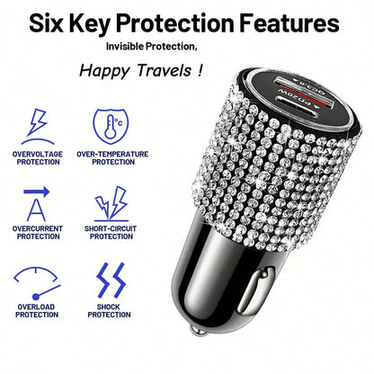 Sparkling Rhinestone Car Charger, Diamond 3-In-1 Retractable Charging Cable, USB Fast Charging Cable, Cute Women's Style, Suitable For IPhone, Dash Cam, GPS, Holiday/Birthday Gift