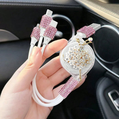 Sparkling Rhinestone Car Charger, Diamond 3-In-1 Retractable Charging Cable, USB Fast Charging Cable, Cute Women's Style, Suitable For IPhone, Dash Cam, GPS, Holiday/Birthday Gift