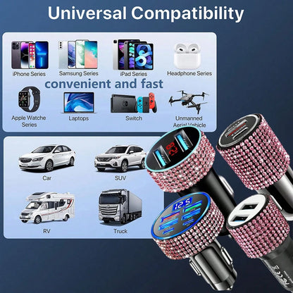 Sparkling Rhinestone Car Charger, Diamond 3-In-1 Retractable Charging Cable, USB Fast Charging Cable, Cute Women's Style, Suitable For IPhone, Dash Cam, GPS, Holiday/Birthday Gift