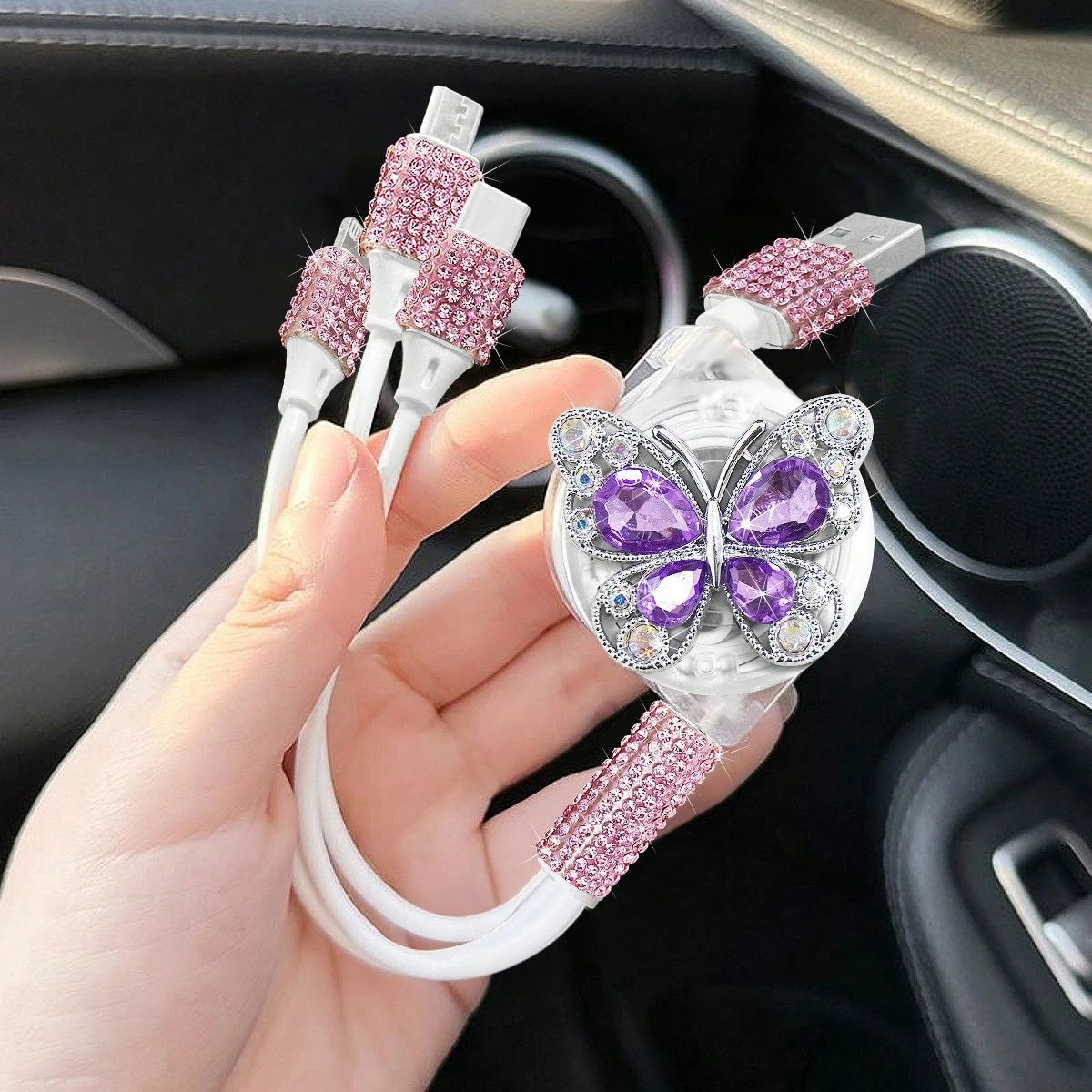 Sparkling Rhinestone Car Charger, Diamond 3-In-1 Retractable Charging Cable, USB Fast Charging Cable, Cute Women's Style, Suitable For IPhone, Dash Cam, GPS, Holiday/Birthday Gift
