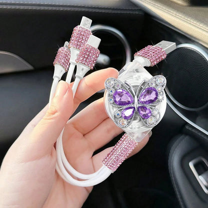 Sparkling Rhinestone Car Charger, Diamond 3-In-1 Retractable Charging Cable, USB Fast Charging Cable, Cute Women's Style, Suitable For IPhone, Dash Cam, GPS, Holiday/Birthday Gift