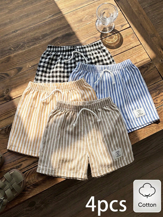 Sparklyn Boys' Cotton Clothes 4pcs/Set Young Boy Casual Sports Street Chic Plaid,Striped Patch Shorts,White Summer Fashion Comfortable Wear For School,Outings