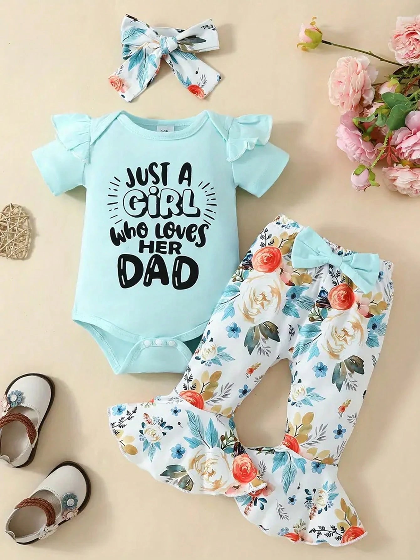 Spring Blue Alphabet Print Crop Bodysuit And Flower Print Flared Pants Baby Girl Outfit