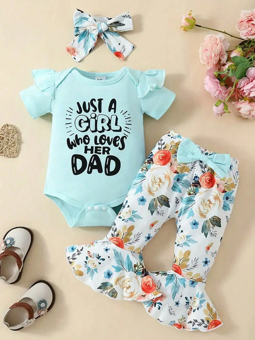 Spring Blue Alphabet Print Crop Bodysuit And Flower Print Flared Pants Baby Girl Outfit
