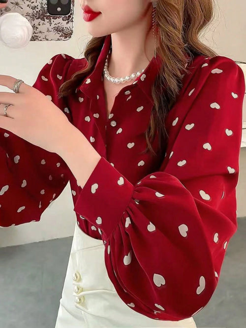 Spring/Summer Fashion Women's Red Heart Random Print Pattern Lapel Long Sleeve Pearl Decor Button Shirt, Suitable For Daily Wear
