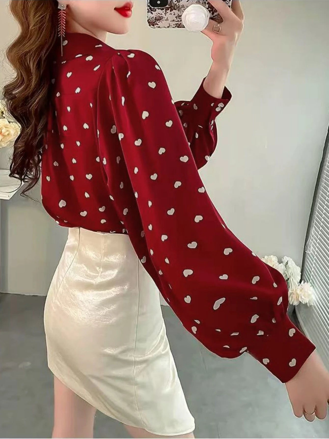 Spring/Summer Fashion Women's Red Heart Random Print Pattern Lapel Long Sleeve Pearl Decor Button Shirt, Suitable For Daily Wear