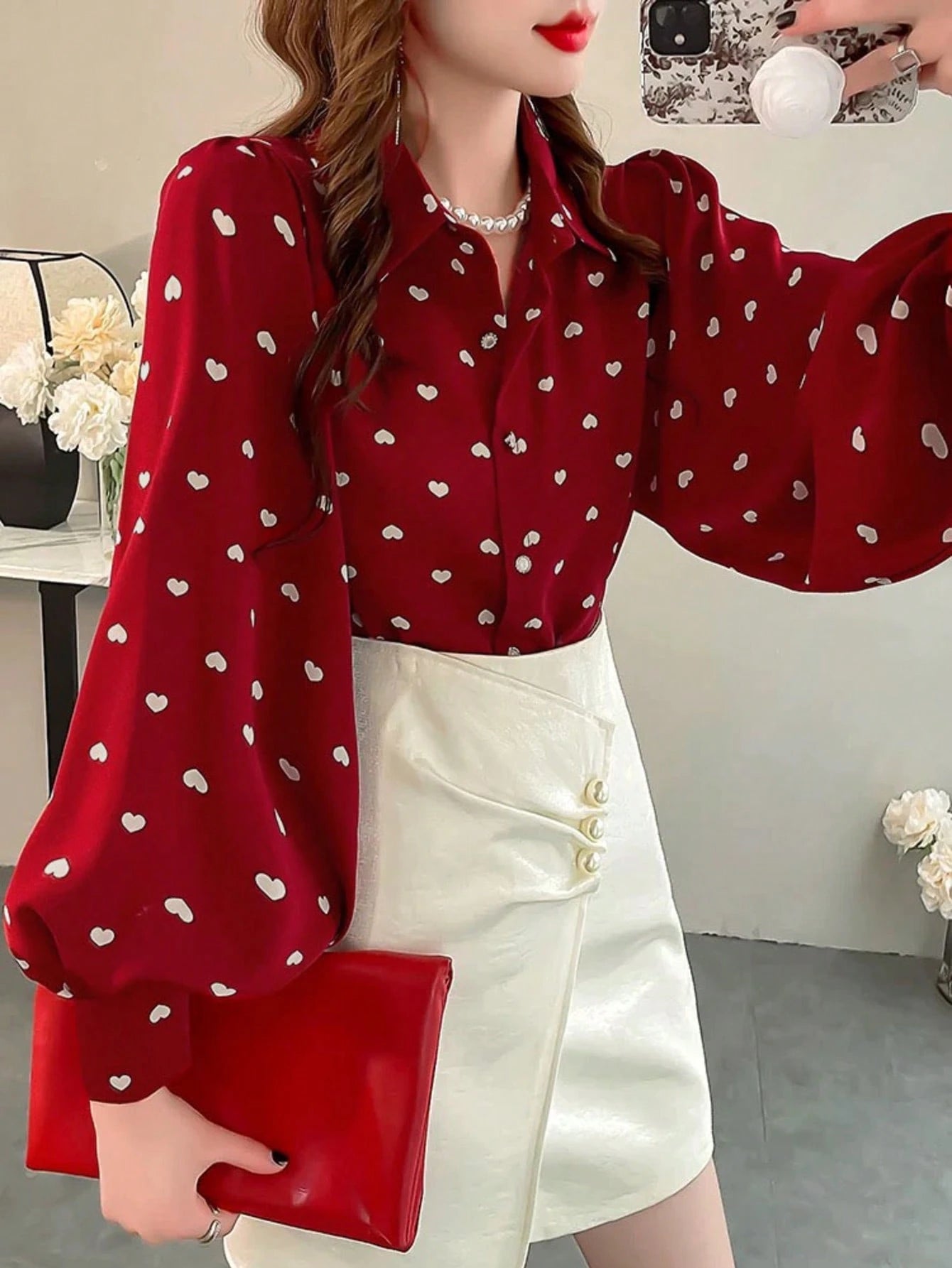 Spring/Summer Fashion Women's Red Heart Random Print Pattern Lapel Long Sleeve Pearl Decor Button Shirt, Suitable For Daily Wear