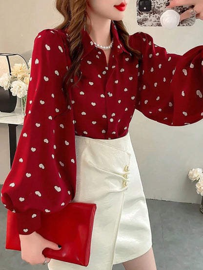 Spring/Summer Fashion Women's Red Heart Random Print Pattern Lapel Long Sleeve Pearl Decor Button Shirt, Suitable For Daily Wear
