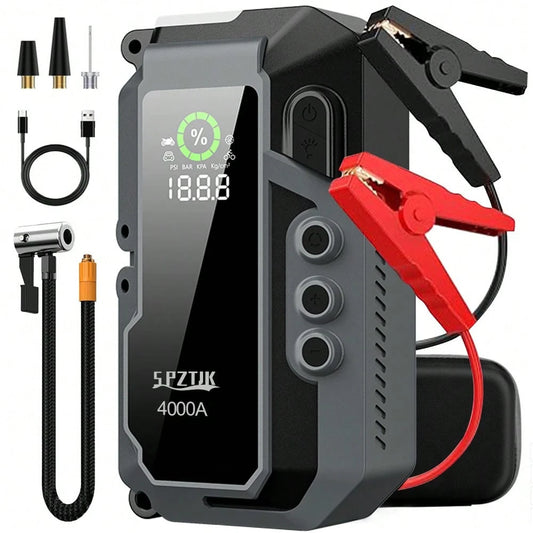 SPZTJK 4000A Car Battery Jump Starter- Portable Power Pack With Extended Smart Jumper Cables, Quick Charge, Large Display, LED Lights, And Safety Protections For 3.0gal Gas And 2.0gal Diese L Engines