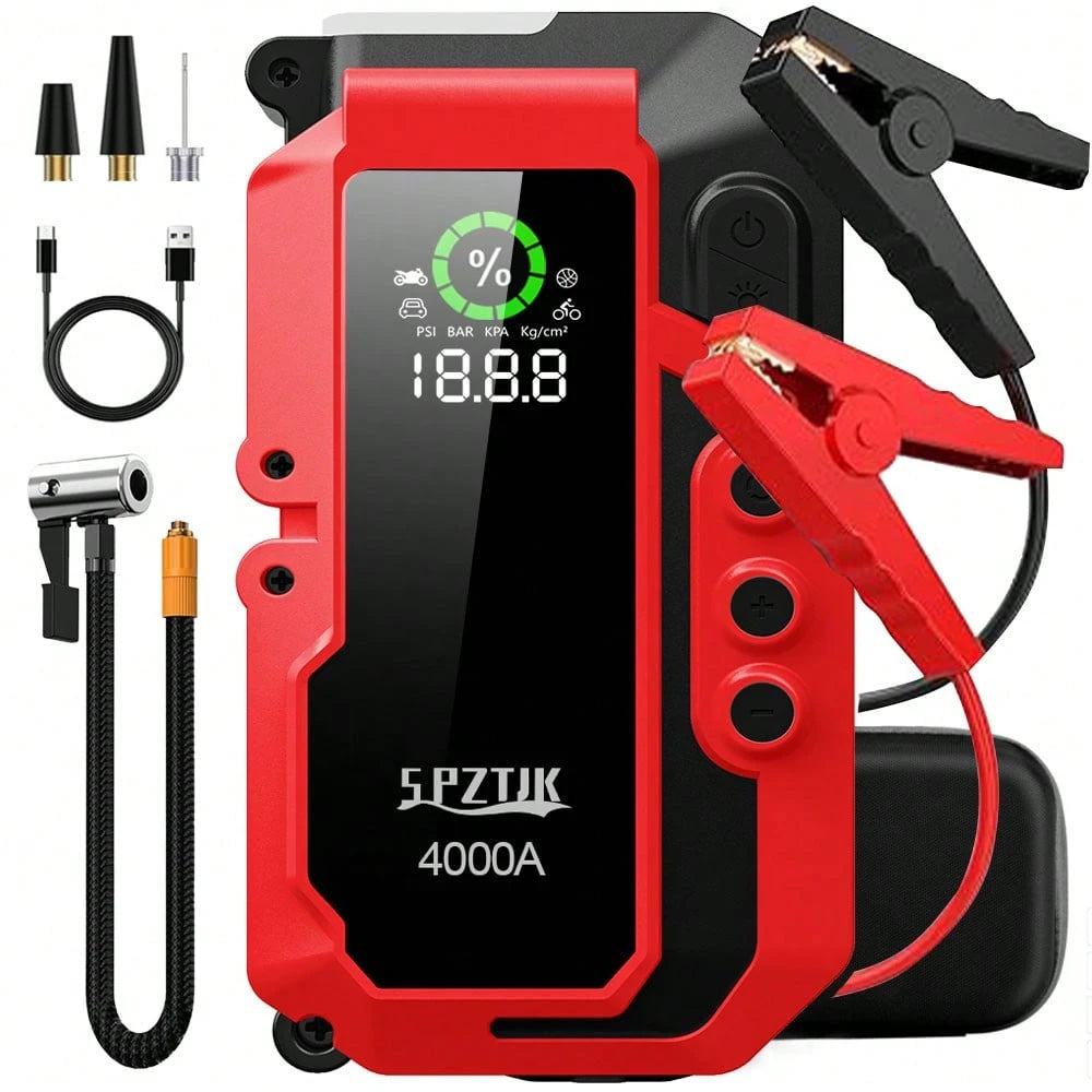 SPZTJK 4000A Car Battery Jump Starter- Portable Power Pack With Extended Smart Jumper Cables, Quick Charge, Large Display, LED Lights, And Safety Protections For 3.0gal Gas And 2.0gal Diese L Engines