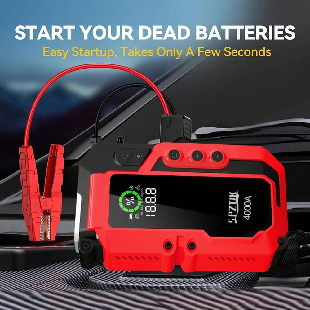 SPZTJK 4000A Car Battery Jump Starter- Portable Power Pack With Extended Smart Jumper Cables, Quick Charge, Large Display, LED Lights, And Safety Protections For 3.0gal Gas And 2.0gal Diese L Engines