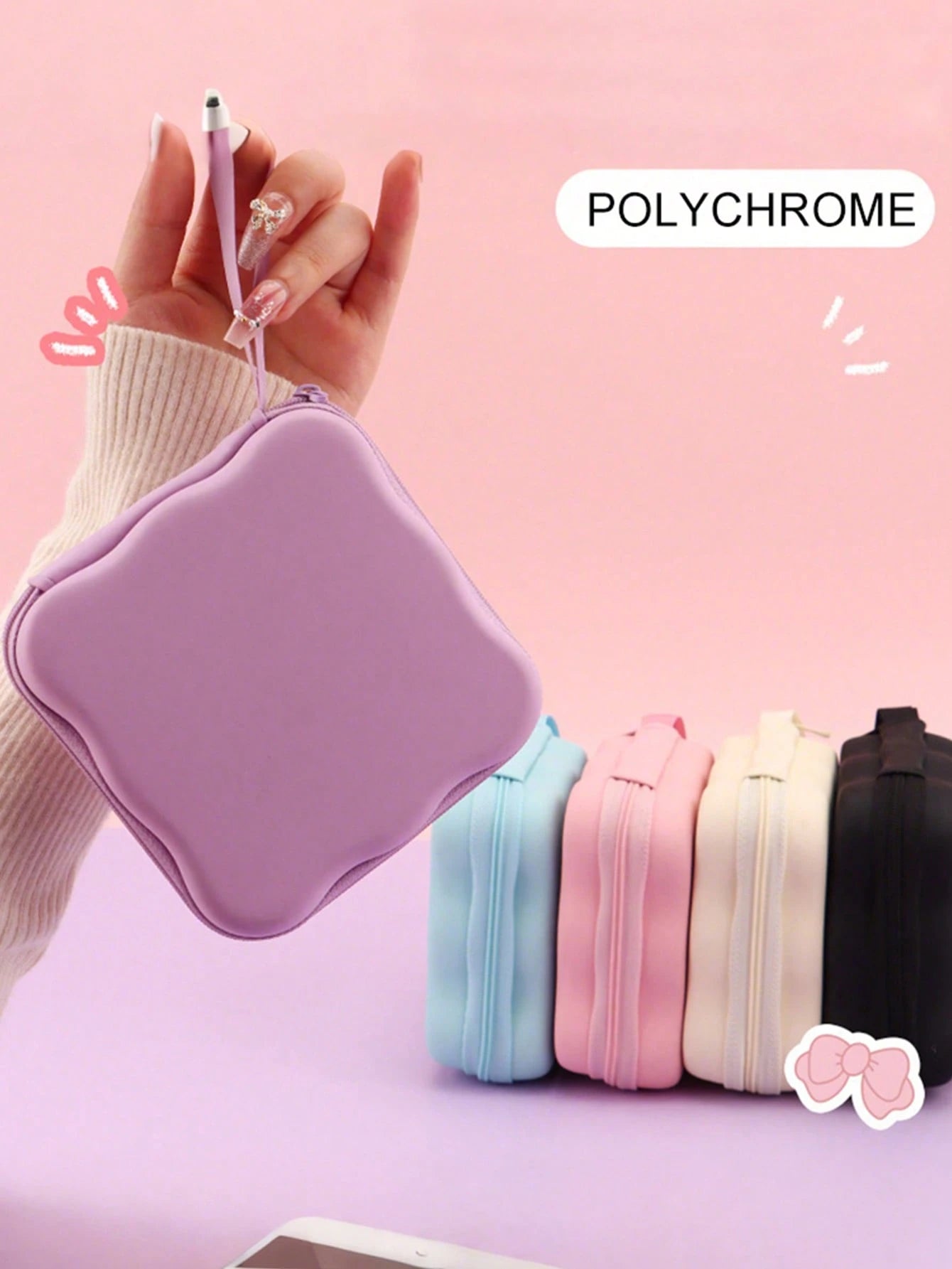Square Wave Pattern Large Capacity Data Cable Organizer Bag, Suitable For Camera Charger, Earphones, Portable Travel Digital, Cute Cartoon & Solid Color For Summer Holiday Travel, Outdoor Activities T
