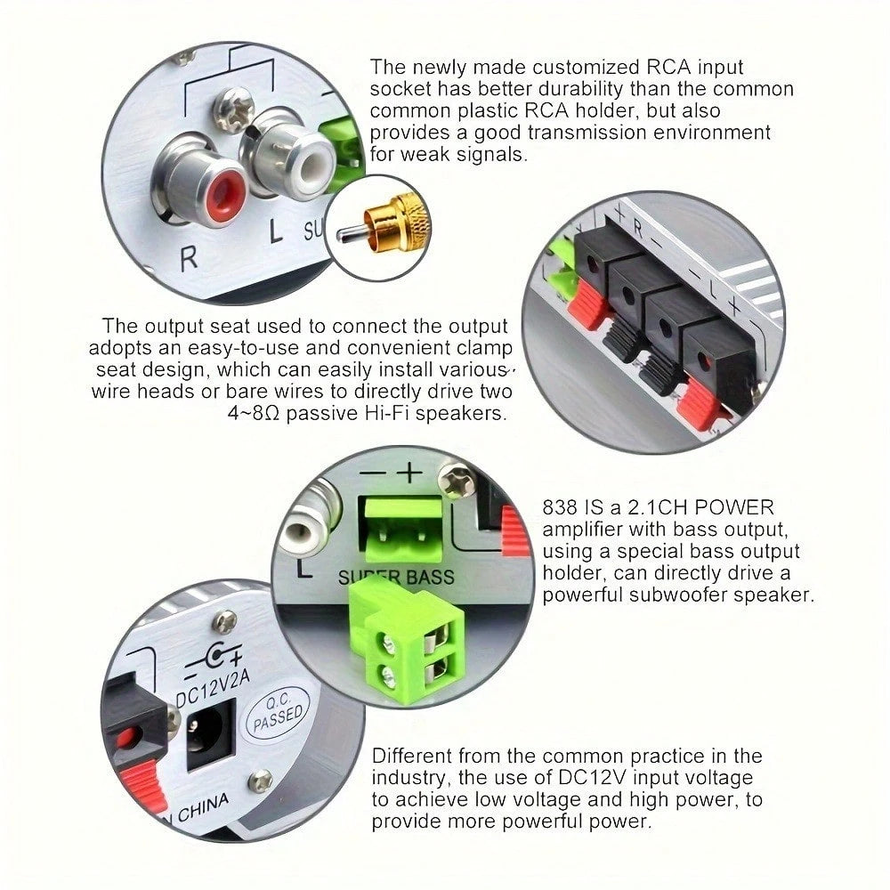 ST-838 Car Power Amplifier 2.1 Channel 400W 12V Car Audio System Stereo Subwoofer Aluminum Alloy Shell Simple Installation (Silver/Black)