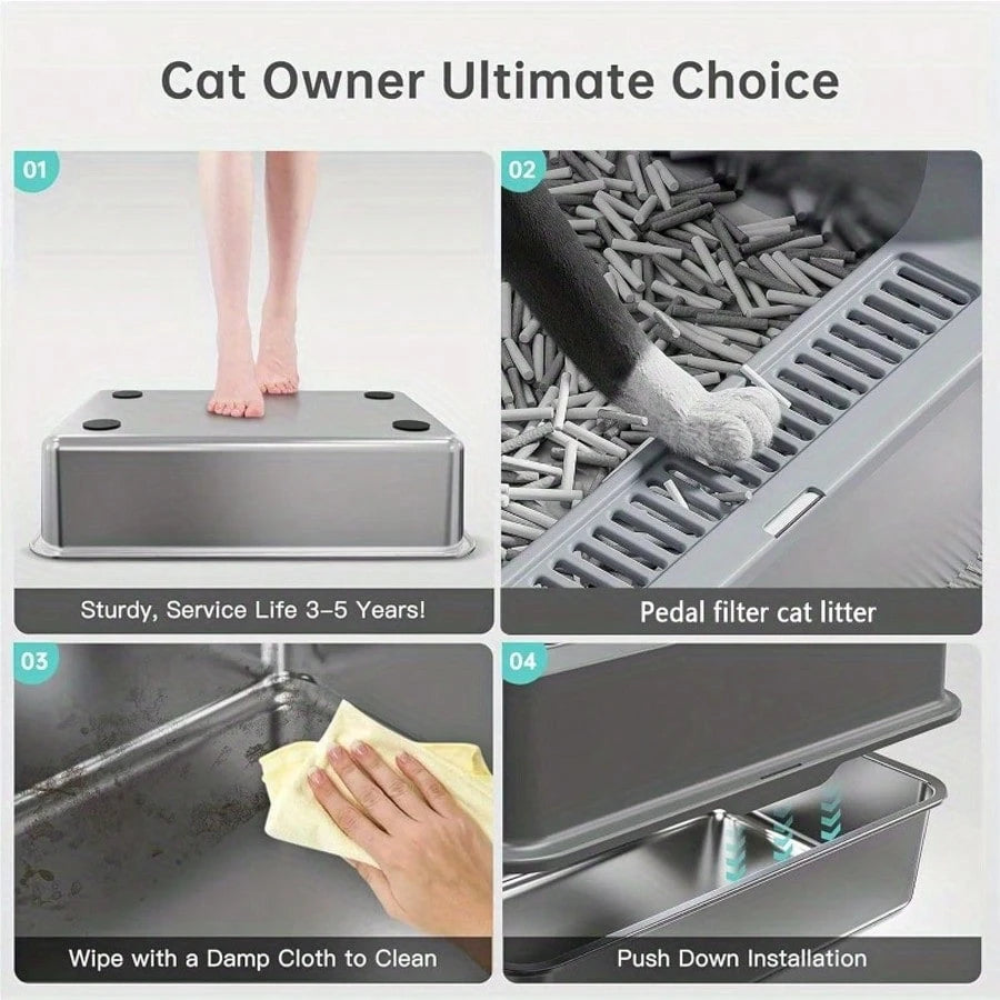 Stainless Steel Cat Litter Box, Large Metal Trash Bin For Cats And Rabbits, Never Absorbing Odors, Stain Proof, Rust Proof, Non Stick And Smooth Surface 19.6 "Long X 13.7" Wide X 9 "High