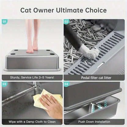 Stainless Steel Cat Litter Box, Large Metal Trash Bin For Cats And Rabbits, Never Absorbing Odors, Stain Proof, Rust Proof, Non Stick And Smooth Surface 19.6 "Long X 13.7" Wide X 9 "High