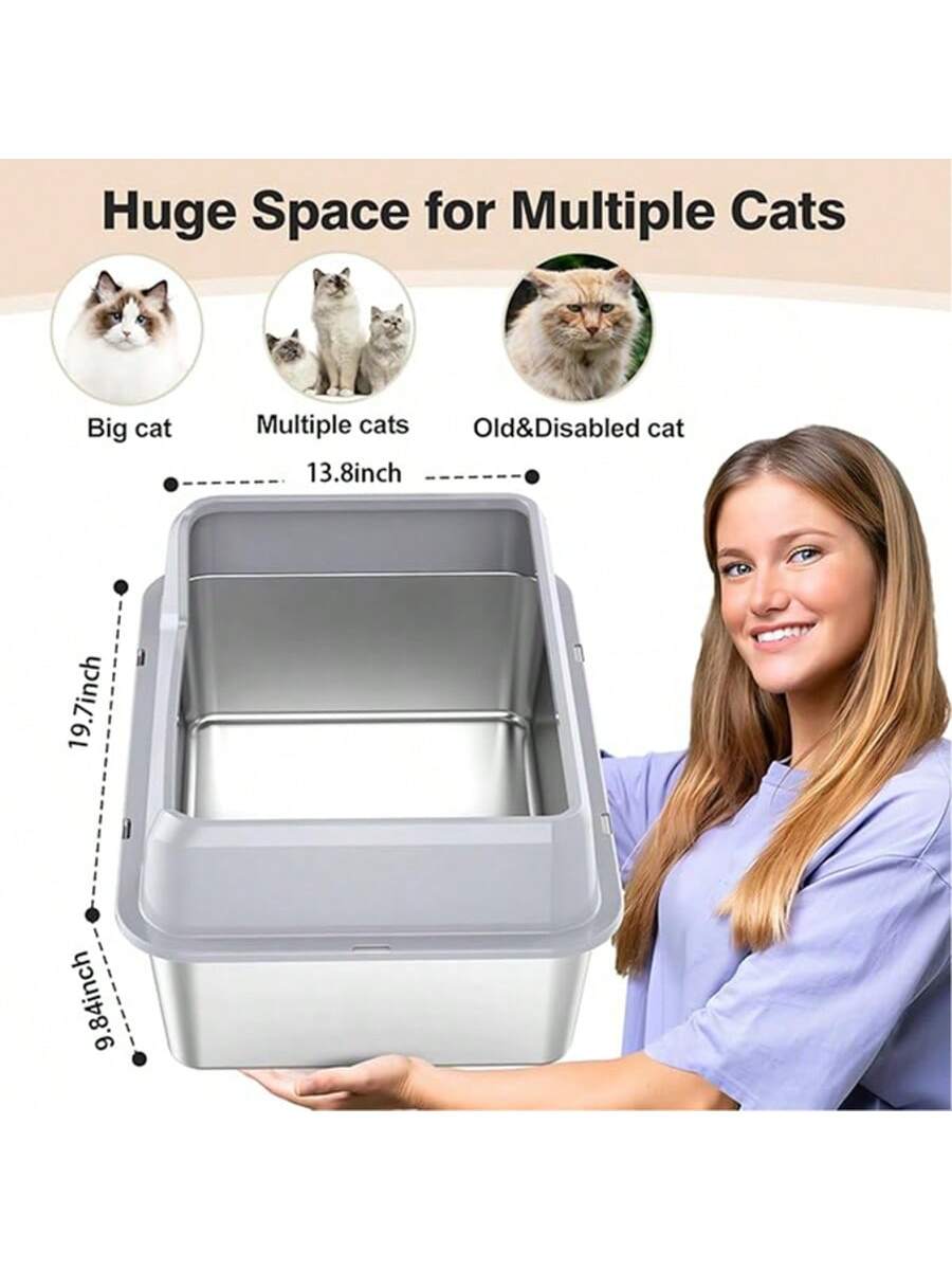 Stainless Steel Cat Litter Box, Large Metal Trash Bin For Cats And Rabbits, Never Absorbing Odors, Stain Proof, Rust Proof, Non Stick And Smooth Surface 19.6 "Long X 13.7" Wide X 9 "High