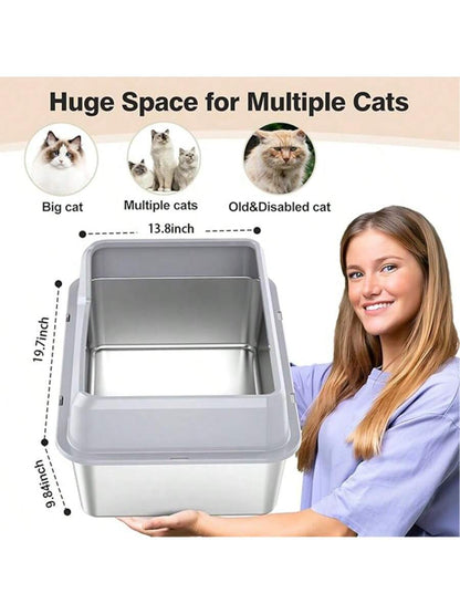 Stainless Steel Cat Litter Box, Large Metal Trash Bin For Cats And Rabbits, Never Absorbing Odors, Stain Proof, Rust Proof, Non Stick And Smooth Surface 19.6 "Long X 13.7" Wide X 9 "High