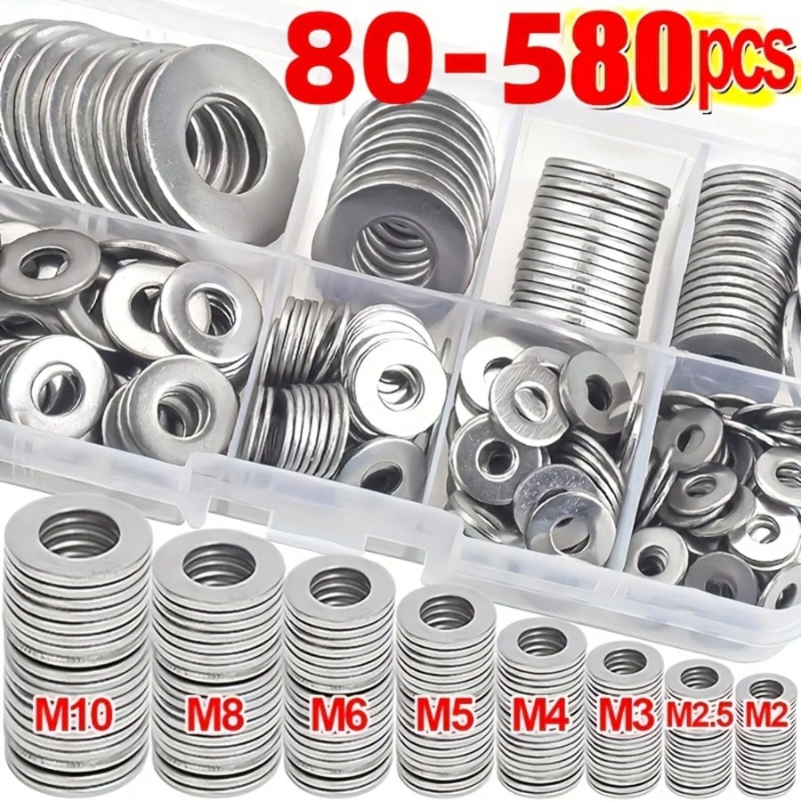 Stainless Steel Flat Washer Set, 80-580pcs, Includes 9 Sizes (M2-M12), Suitable For Screws, Bolts And Mudguards- For Home Decor, Factory Maintenance, Kitchen, Store And More, Round Metal