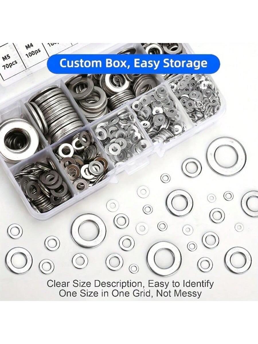 Stainless Steel Flat Washer Set, 80-580pcs, Includes 9 Sizes (M2-M12), Suitable For Screws, Bolts And Mudguards- For Home Decor, Factory Maintenance, Kitchen, Store And More, Round Metal