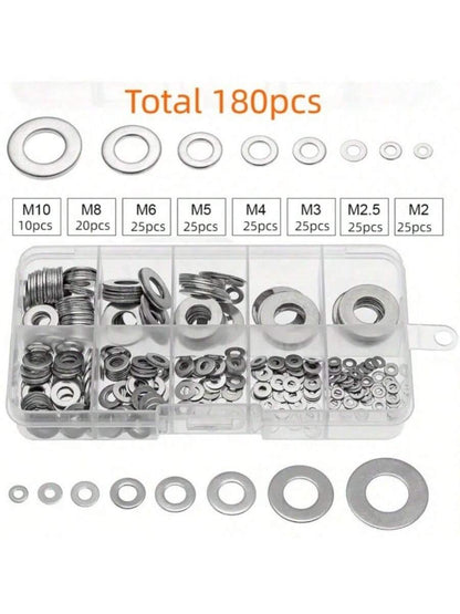 Stainless Steel Flat Washer Set, 80-580pcs, Includes 9 Sizes (M2-M12), Suitable For Screws, Bolts And Mudguards- For Home Decor, Factory Maintenance, Kitchen, Store And More, Round Metal