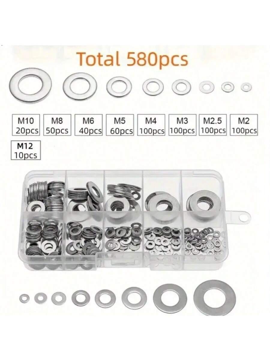 Stainless Steel Flat Washer Set, 80-580pcs, Includes 9 Sizes (M2-M12), Suitable For Screws, Bolts And Mudguards- For Home Decor, Factory Maintenance, Kitchen, Store And More, Round Metal