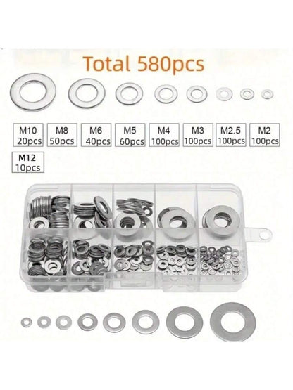 Stainless Steel Flat Washer Set, 80-580pcs, Includes 9 Sizes (M2-M12), Suitable For Screws, Bolts And Mudguards- For Home Decor, Factory Maintenance, Kitchen, Store And More, Round Metal