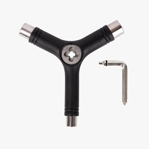 Black Y-shaped tool with a silver hex key on a white background