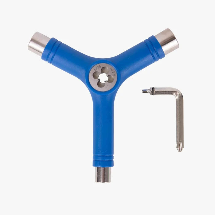 Blue Y-shaped tool with multiple ends on a white background