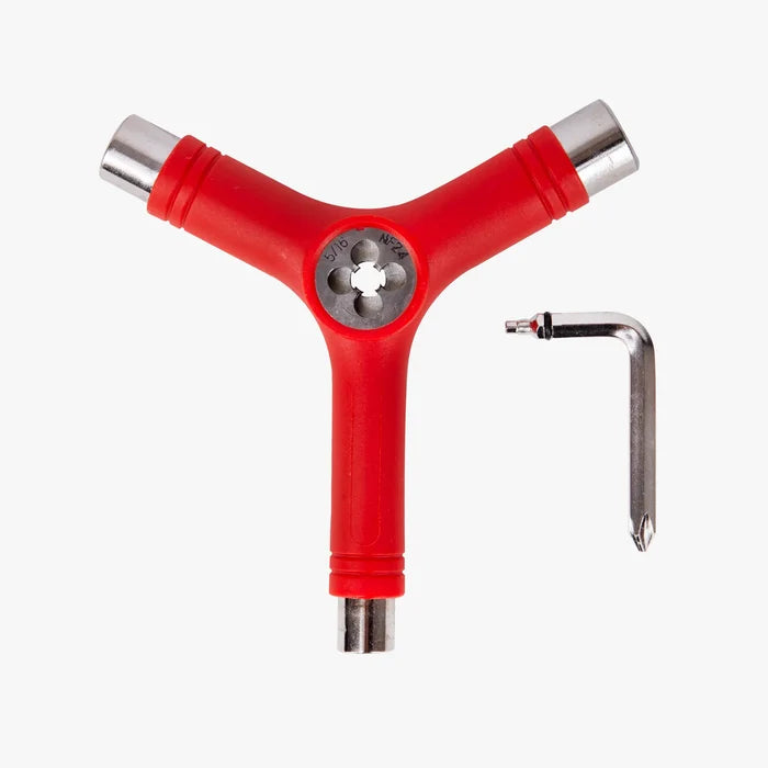 Red Y-shaped tool with silver ends on a white background