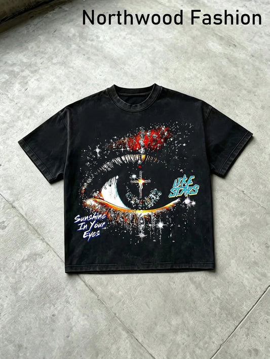 Starry Eye With Sunshine And Stars Slogans,(100% Cotton) New Y2K Special Custom Classic Men's Crew Neck Short Sleeve Street Style Unisex T-Shirt